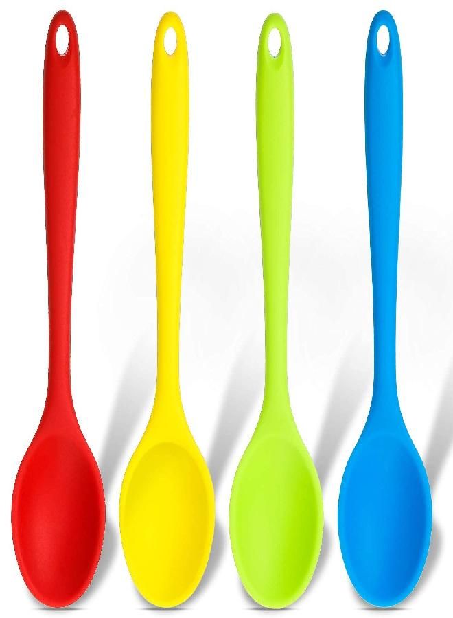 4 Pieces Small Multicolored Silicone Spoons Nonstick Kitchen Spoon Silicone Serving Spoon Stirring Spoon for Kitchen Cooking Baking Stirring Mixing Tools (Dark Red, Green, Yellow, Blue)