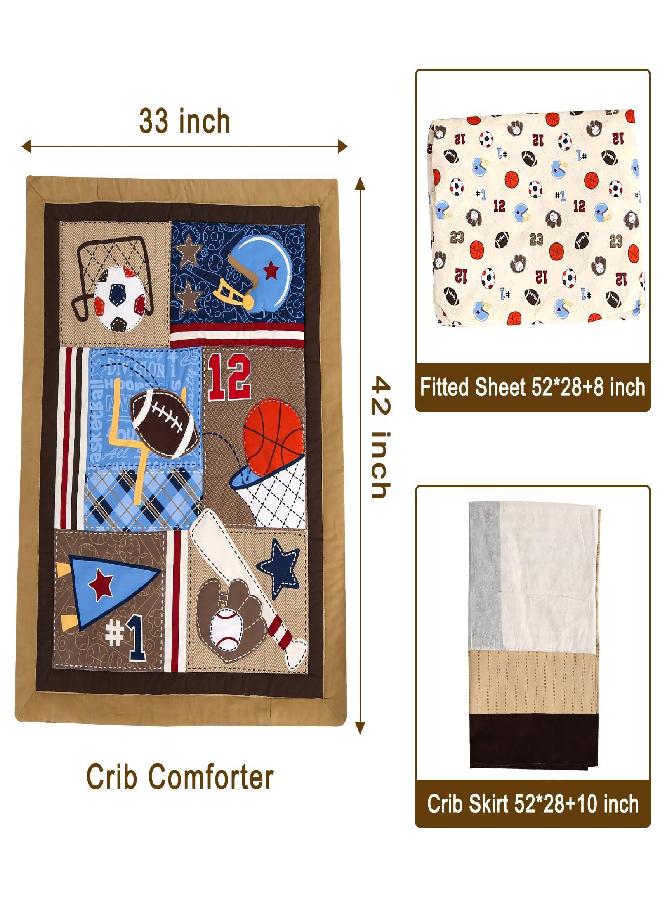 Wowelife Crib Bedding Set for Boys and Girls Sports, Premium 3-Piece Baby Bedding Set Brown, Baby Crib Bed Set Baseball, Breathable and Soft