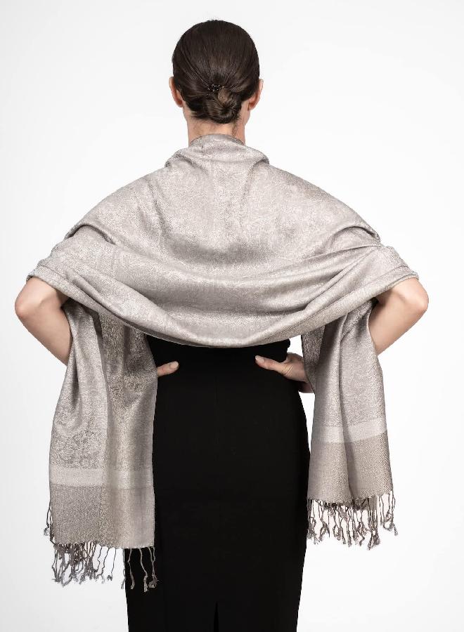Achillea Two Tone Vintage Jacquard Paisley Pashmina Shawl Wrap Scarf (Silver Grey)