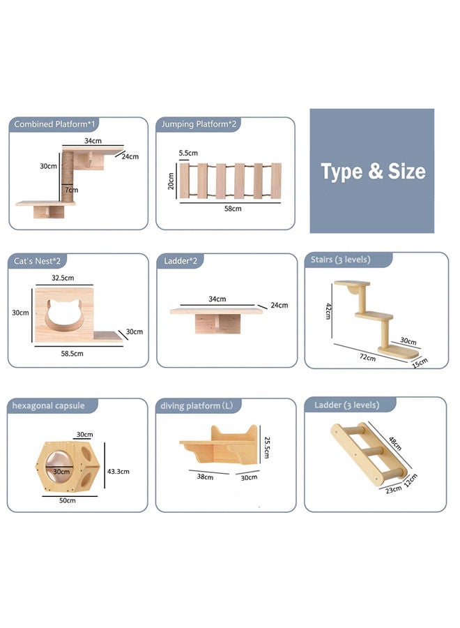 Cat Wall Shelf, Cat Wall Furniture Set and Wall Perch, Floating Cat Wooden Climbing Furniture with 4 Cat Shelves, 2 Cat Houses, 2 Ladders and 1 Cat Scratching Post (Ladder (3 levels))