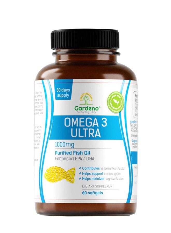 Omega 3 Ultra Cardiovascular, Brain And Vision Support | Purified Concentrated Fish Oil | Brain Charge Dietary Supplement |Omega 3 Supplements to Promote Mental Focus and Clarity 60 Softgels