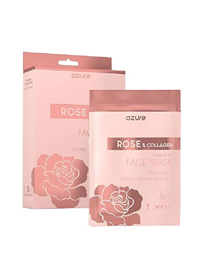 Azure Rose & Collagen Hydrating Facial Sheet Mask Toning Lifting & Deeply Moisturizing Face Mask Reduces Signs Of Aging & Dry Patches Skin Care Made In Korea 5 Pack