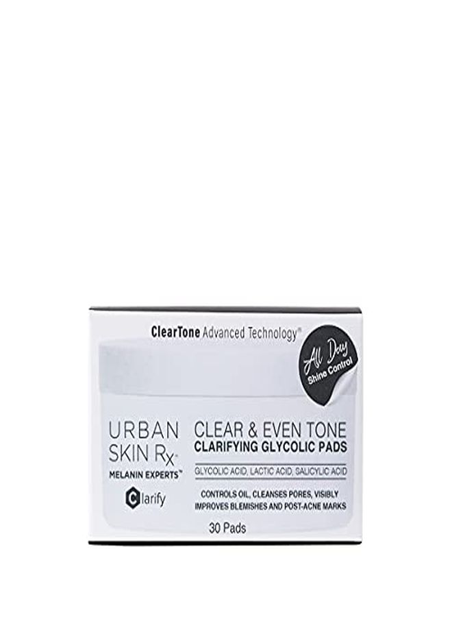 Clear & Even Tone Clarifying Glycolic Pads | Powerful Cleansing Formula Exfoliates, Evens Skin Tone, Targets Blemishes, And Removes Excess Oil, Formulated With Salicylic Acid | 30 Count