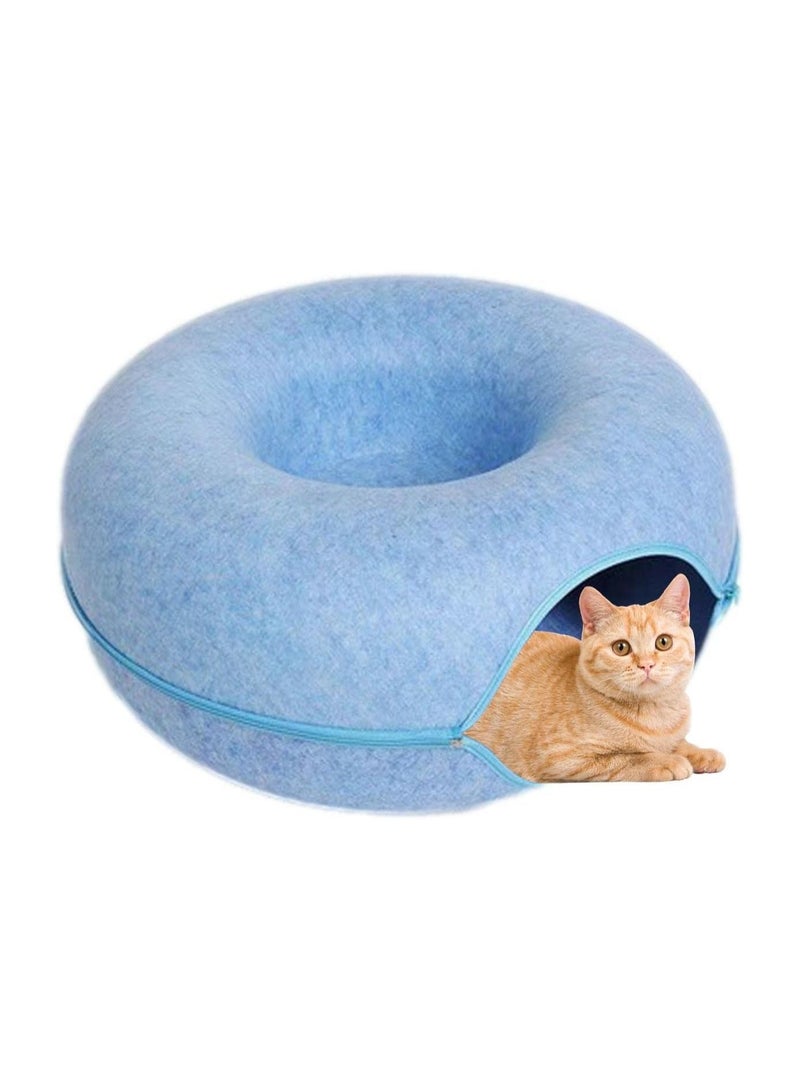 20In Cat Tunnel Bed for Indoor Cats,Removable Cat Nest,Indoor cat Hideout,Round Donut Felt Pet Nest,Semi-Closed Washable Cat Tunnel Nest, for All Dogs Cats(Blue, 50CM)