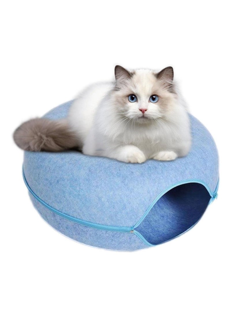 20In Cat Tunnel Bed for Indoor Cats,Removable Cat Nest,Indoor cat Hideout,Round Donut Felt Pet Nest,Semi-Closed Washable Cat Tunnel Nest, for All Dogs Cats(Blue, 50CM)