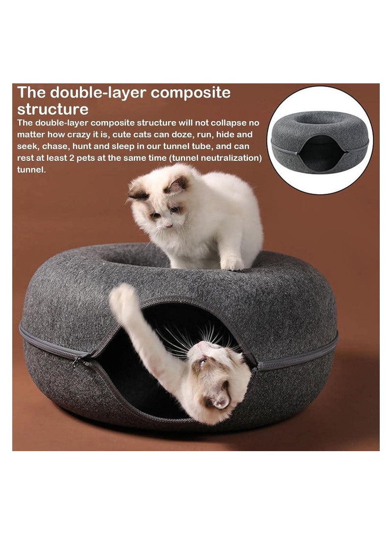 20In Cat Tunnel Bed for Indoor Cats,Removable Cat Nest,Indoor cat Hideout,Round Donut Felt Pet Nest,Semi-Closed Washable Cat Tunnel Nest, for All Dogs Cats(Blue, 50CM)