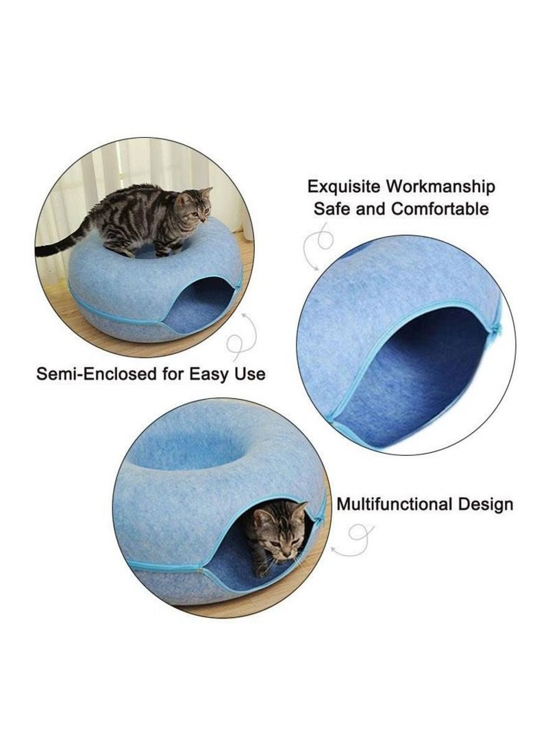 20In Cat Tunnel Bed for Indoor Cats,Removable Cat Nest,Indoor cat Hideout,Round Donut Felt Pet Nest,Semi-Closed Washable Cat Tunnel Nest, for All Dogs Cats(Blue, 50CM)