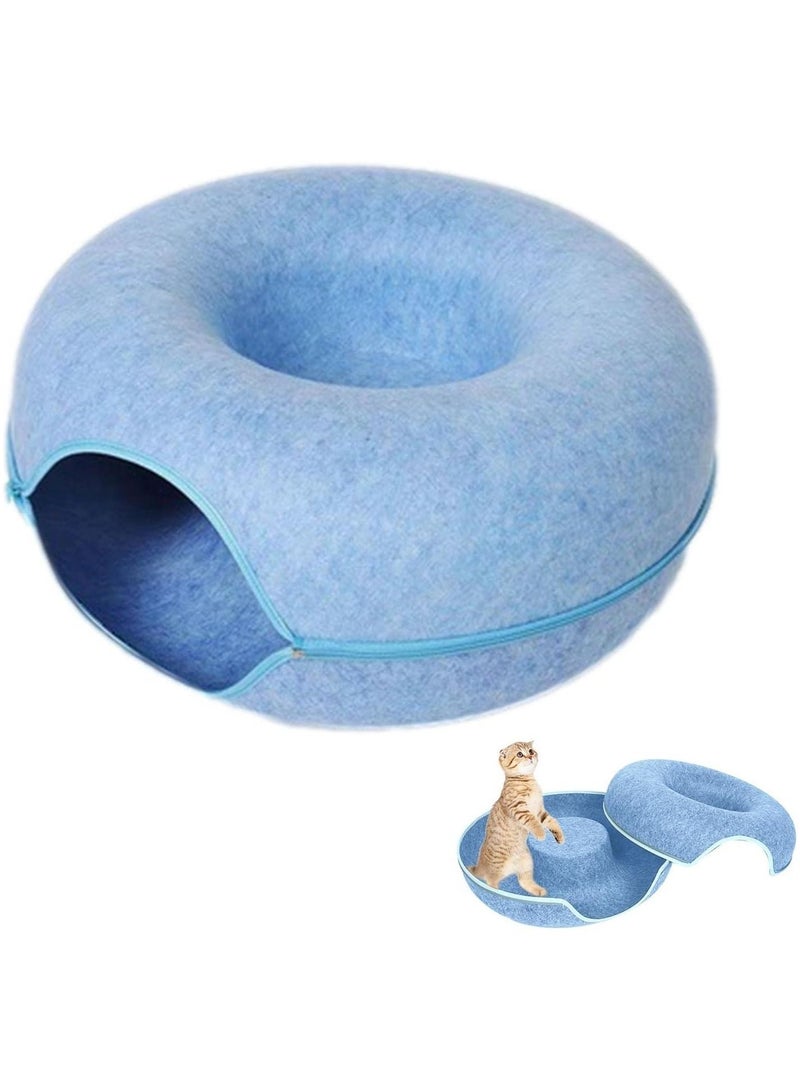 20In Cat Tunnel Bed for Indoor Cats,Removable Cat Nest,Indoor cat Hideout,Round Donut Felt Pet Nest,Semi-Closed Washable Cat Tunnel Nest, for All Dogs Cats(Blue, 50CM)