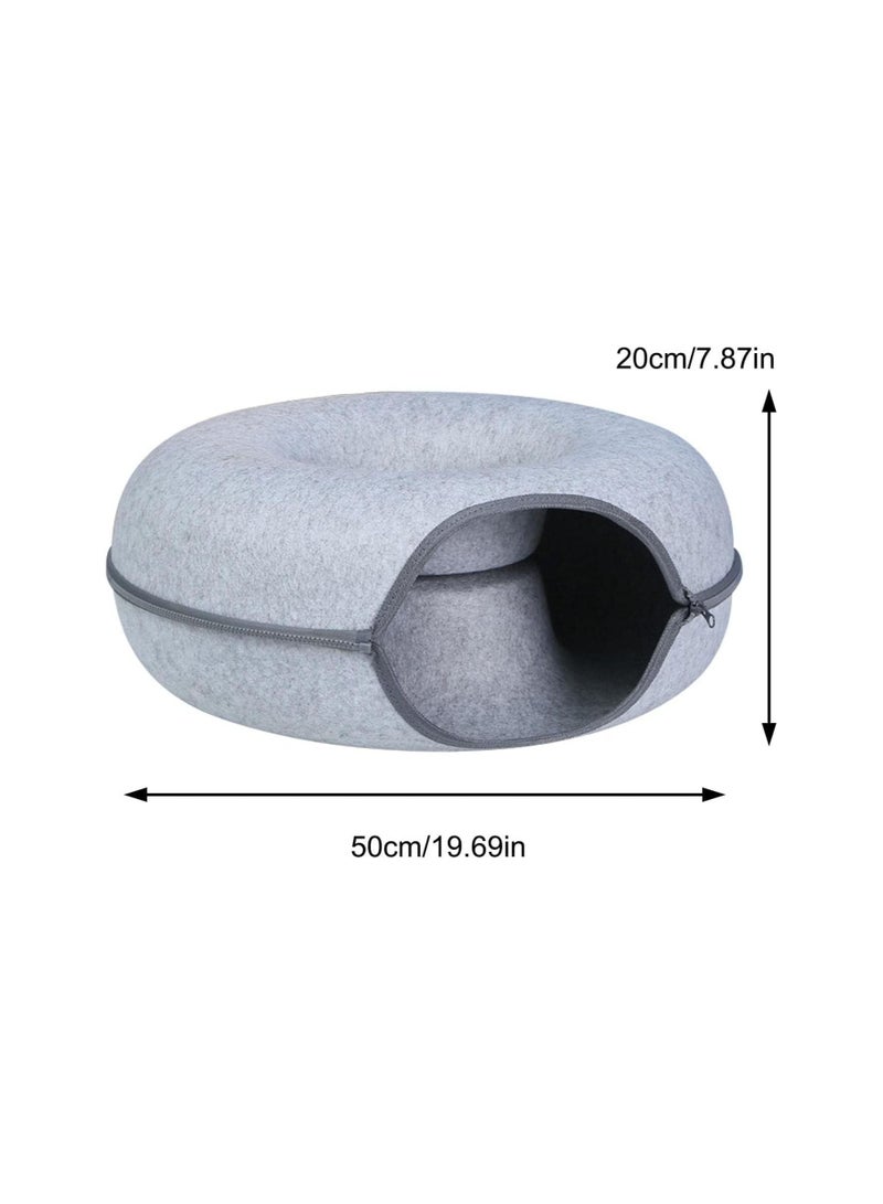 20In Cat Tunnel Bed for Indoor Cats,Removable Cat Nest,Indoor cat Hideout,Round Donut Felt Pet Nest,Semi-Closed Washable Cat Tunnel Nest, for All Dogs Cats(Light Grey, 50CM)