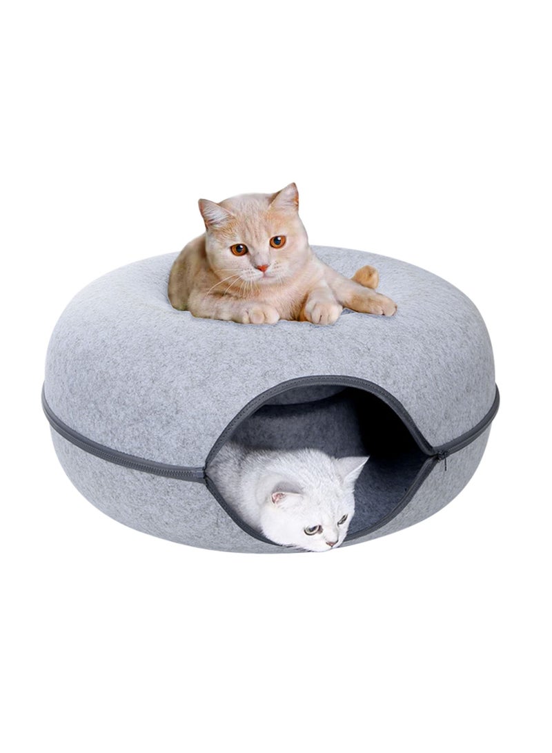 20In Cat Tunnel Bed for Indoor Cats,Removable Cat Nest,Indoor cat Hideout,Round Donut Felt Pet Nest,Semi-Closed Washable Cat Tunnel Nest, for All Dogs Cats(Light Grey, 50CM)