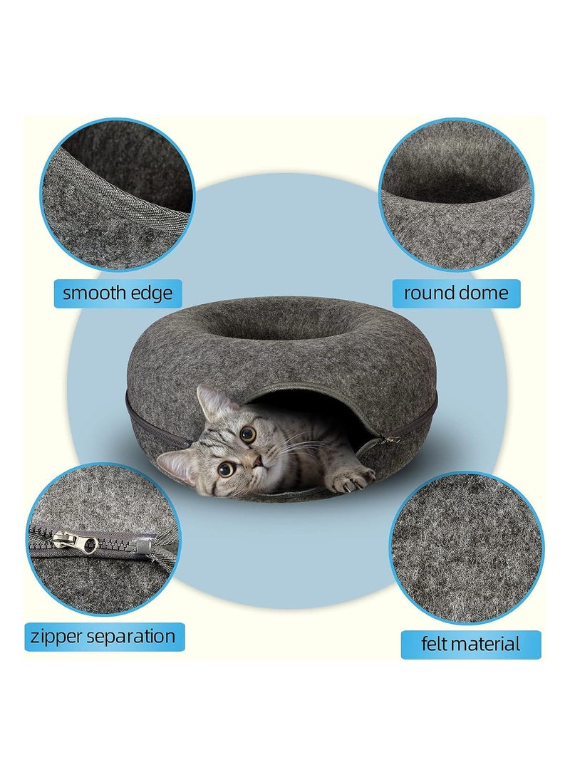 20In Cat Tunnel Bed for Indoor Cats,Removable Cat Nest,Indoor cat Hideout,Round Donut Felt Pet Nest,Semi-Closed Washable Cat Tunnel Nest, for All Dogs Cats(Light Grey, 50CM)