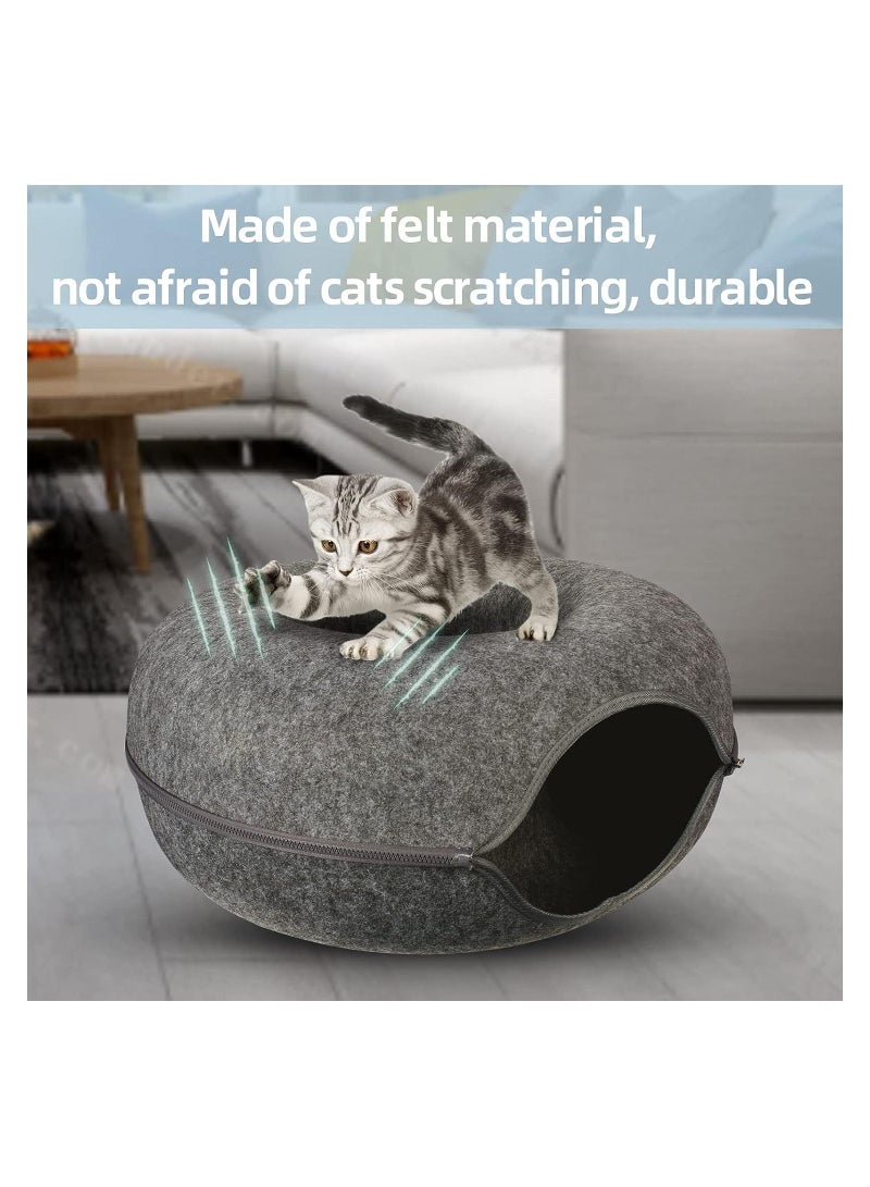 20In Cat Tunnel Bed for Indoor Cats,Removable Cat Nest,Indoor cat Hideout,Round Donut Felt Pet Nest,Semi-Closed Washable Cat Tunnel Nest, for All Dogs Cats(Light Grey, 50CM)