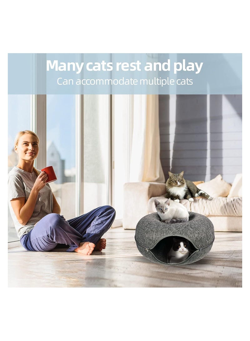 20In Cat Tunnel Bed for Indoor Cats,Removable Cat Nest,Indoor cat Hideout,Round Donut Felt Pet Nest,Semi-Closed Washable Cat Tunnel Nest, for All Dogs Cats(Dark Grey, 50CM)