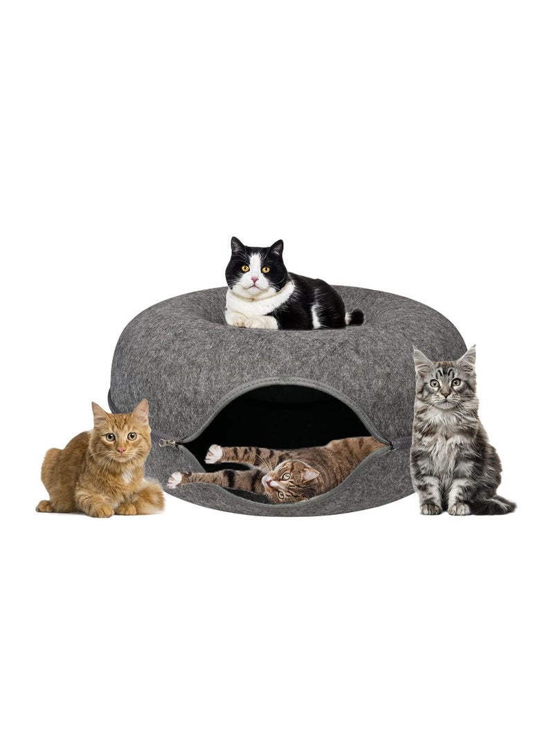 20In Cat Tunnel Bed for Indoor Cats,Removable Cat Nest,Indoor cat Hideout,Round Donut Felt Pet Nest,Semi-Closed Washable Cat Tunnel Nest, for All Dogs Cats(Dark Grey, 50CM)