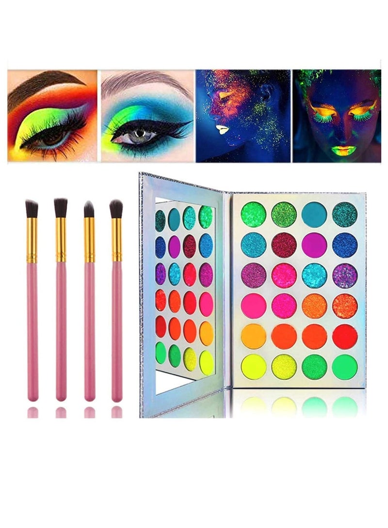 Glow in the Dark Makeup, Face Body Paint Neon, Matte, and Glitter, 24 Colors Highly Pigmented Eyeshadow Kit with 4 Brushes for New Year Non-Toxic & Smudgeproof