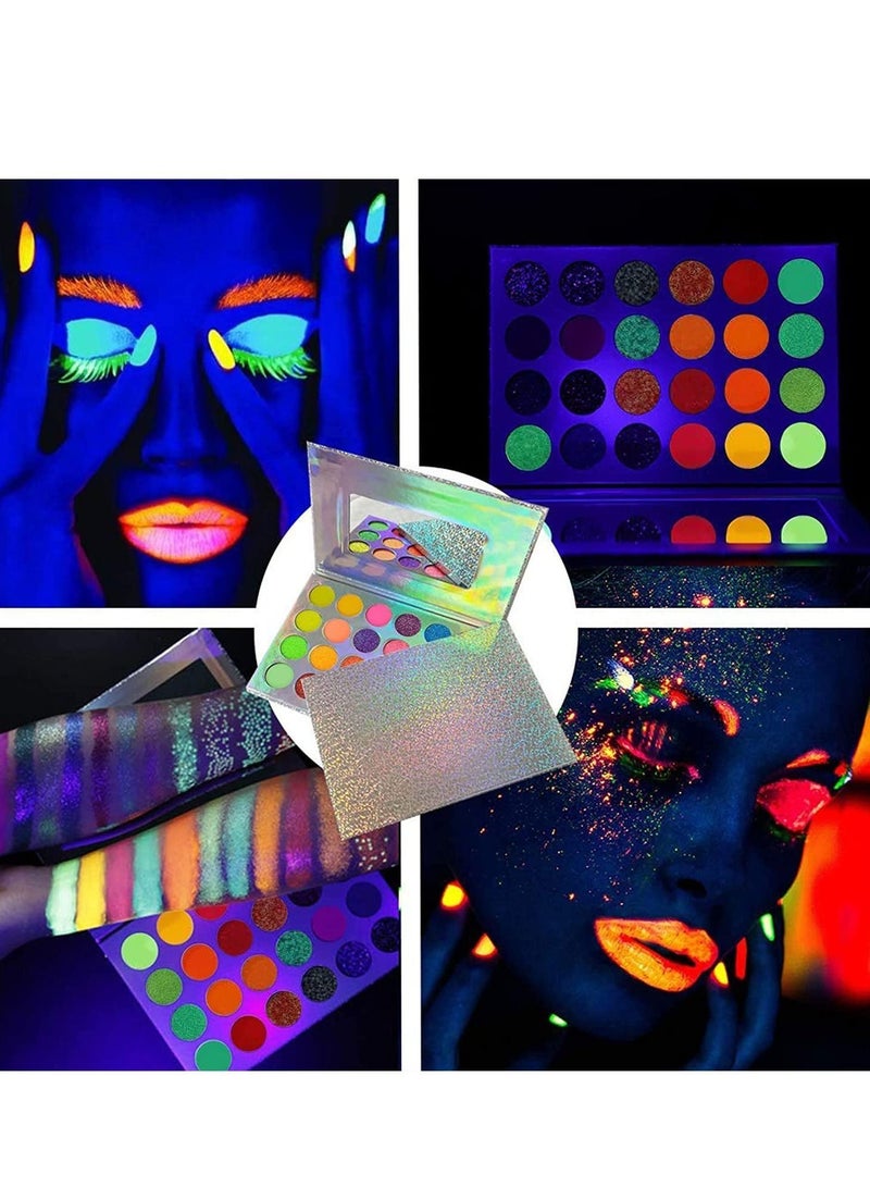 Glow in the Dark Makeup, Face Body Paint Neon, Matte, and Glitter, 24 Colors Highly Pigmented Eyeshadow Kit with 4 Brushes for New Year Non-Toxic & Smudgeproof
