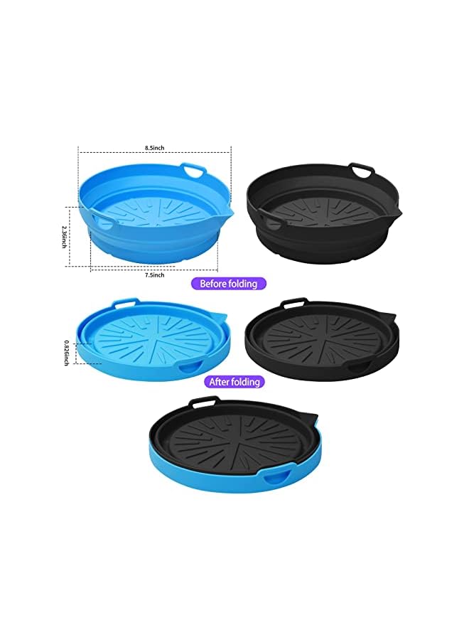 Air Fryer Silicone Liners 8.5 in Folding Air Fryer Silicone Pot, Food Safe Air Fryer Silicone Basket More Space Saving Reusable Air Fryers Oven Accessories (Blue+Black)