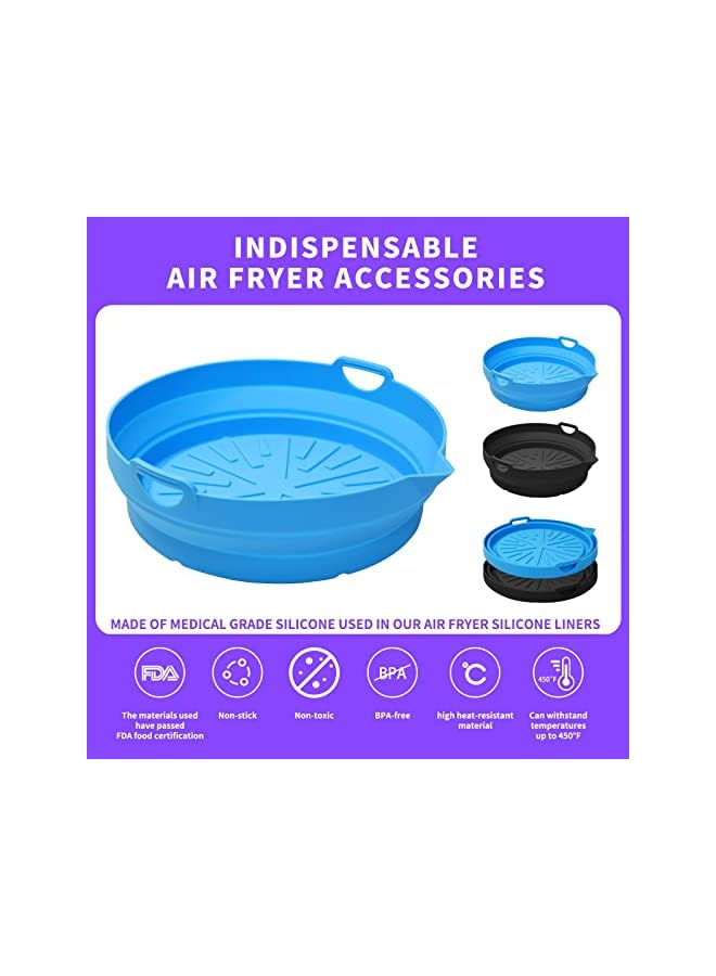 Air Fryer Silicone Liners 8.5 in Folding Air Fryer Silicone Pot, Food Safe Air Fryer Silicone Basket More Space Saving Reusable Air Fryers Oven Accessories (Blue+Black)