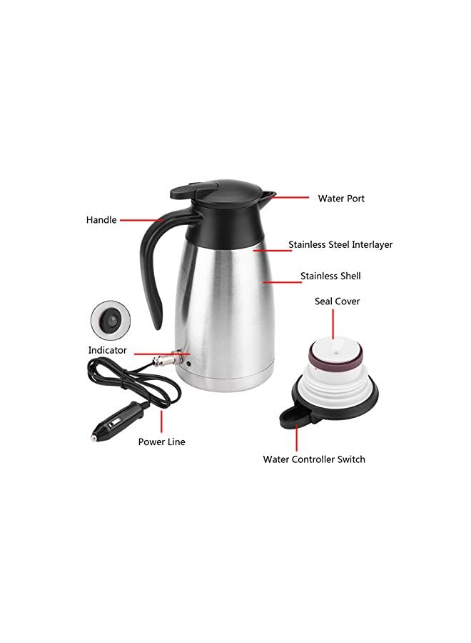 Kettle Thermos, 1000Ml 12V/24V Stainless Steel Electric In-Car Kettle, Vacuum Insulation Thermoses with Indicator Light, Auto Shut-Off Heating Water Bottle for Travel