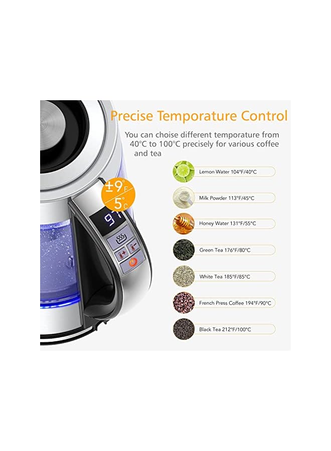 Glass Kettle Temperature Controls with Removable Infuser 1.7 Liters 2200 W. Tea Maker Brewing Programs. Stainless Steel Glass Boiler, BPA-FREE
