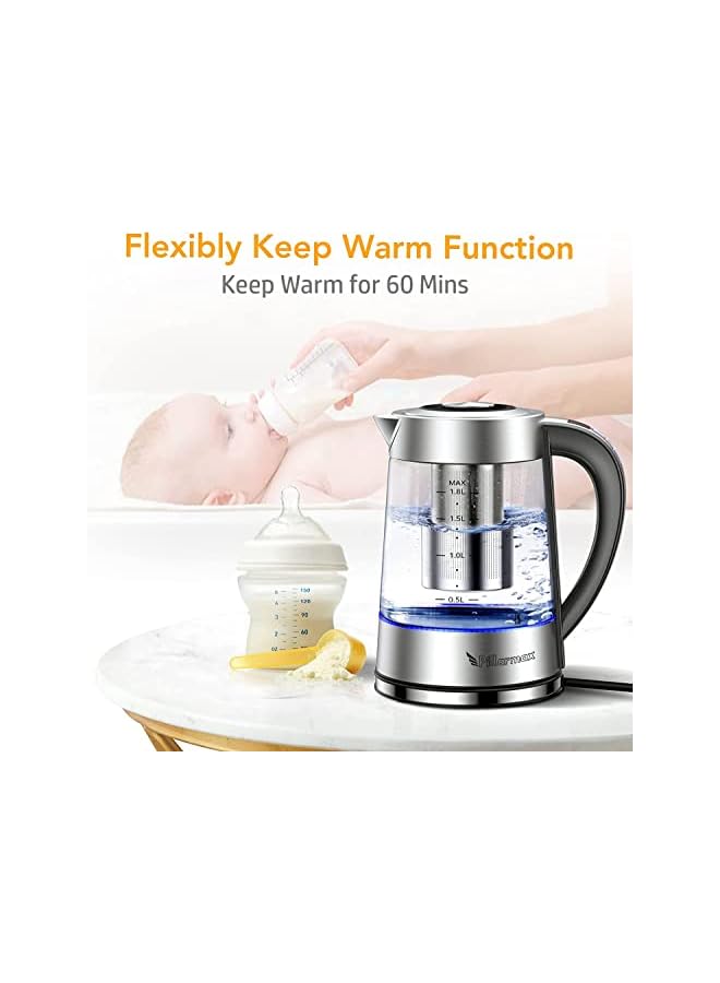 Glass Kettle Temperature Controls with Removable Infuser 1.7 Liters 2200 W. Tea Maker Brewing Programs. Stainless Steel Glass Boiler, BPA-FREE