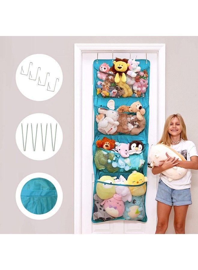 Over Door Stuffed Animal Toy Storage Hanging Organizer ; 4 Expandable Mesh Net Pockets Stores Loads Of Plush Toys ; Large Plushie Display For Boys Girls ; Teal (65