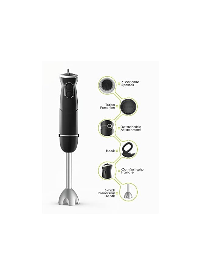 In 1 Hand Blender, 500W 6-Speed Immersion Stick Blender With Turbo Button, With Stainless Steel Whisk And Chopper, Black