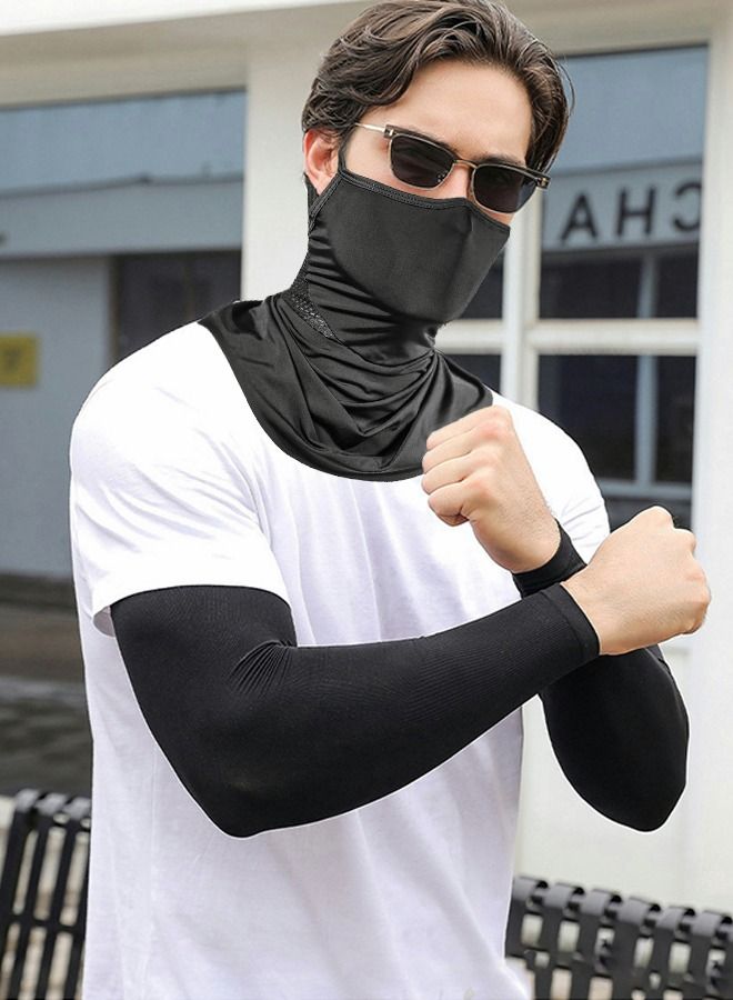 2 In 1 Ice Silk Arm Sleeves and Neck Gaiter Face Covers with Ear Hangers Non-Slip Breathable Face Scarf UV Protection Headwear, Cooling Sports Sleeve for Basketball Golf Football