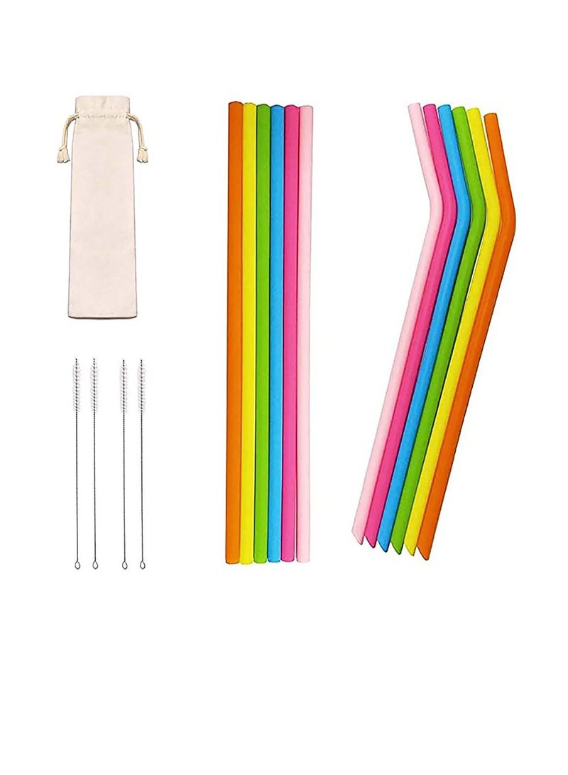 12-Pack Reusable Silicone Drinking Straws, Size 8''x10 MM, Including 6 Straight and 6 Bent with 4 Cleaning Brush BPA Free - Perfect For Smoothies, Tea, Juice (With Bag)