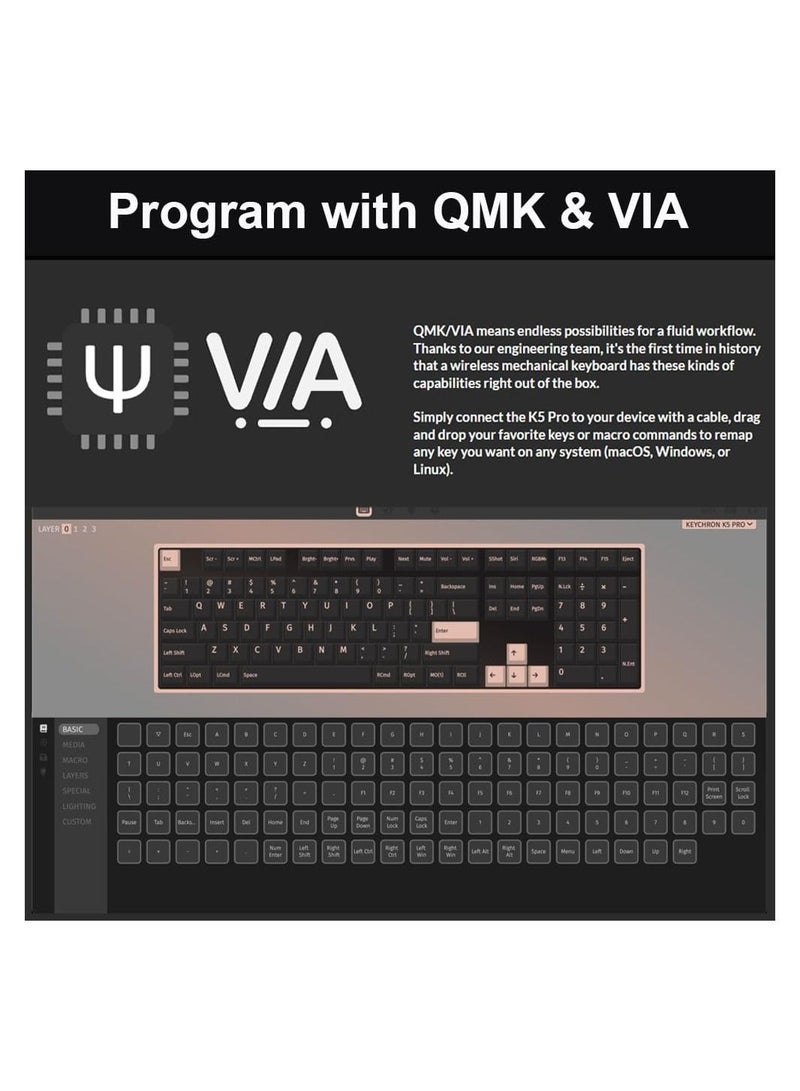 K5 Pro Wireless QMK/VIA Custom Mechanical Keyboard, 100% Full Size Layout 108 Key Programmable, Ultra-Slim White Backlit Low Profile Gateron Brown Switch Bluetooth/Wired for Mac Windows Linux