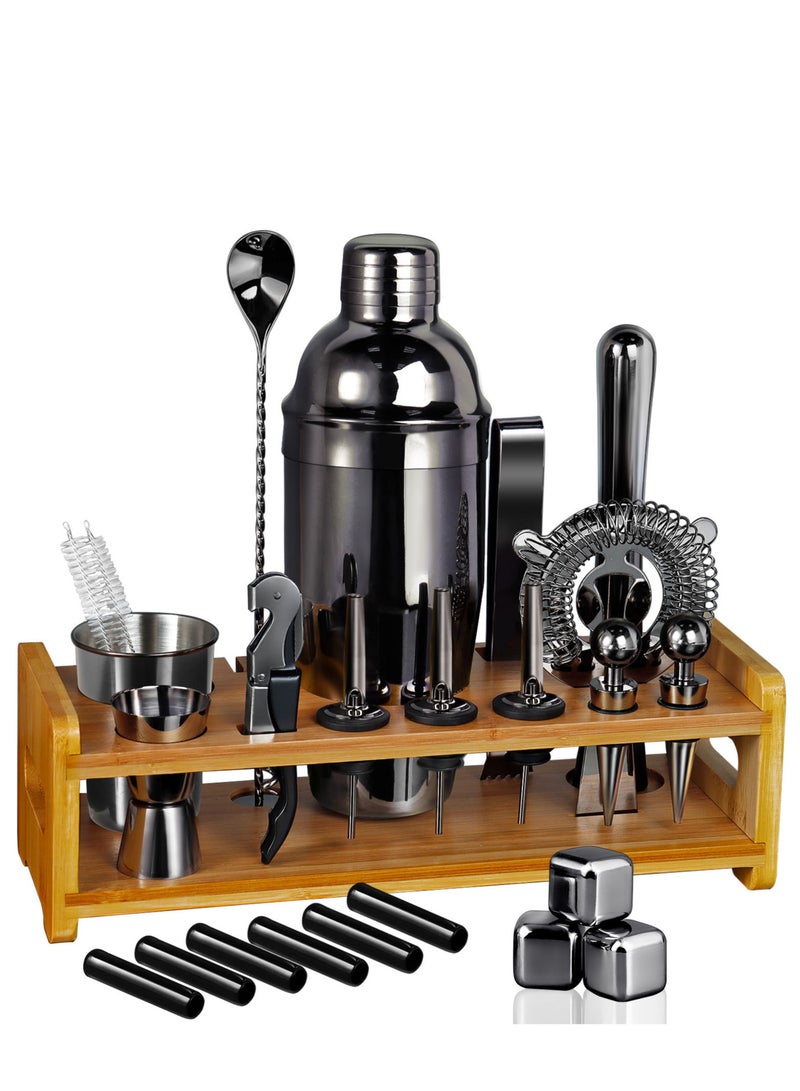 Bartender Kit Cocktail Shaker Set 26-Piece Black Stainless Steel Bar Set with Bamboo Stand Bar Tools Cocktail Kit for Drink Mixing Home Bar Party Gift Bartending Kit with 3 Whiskey Stones