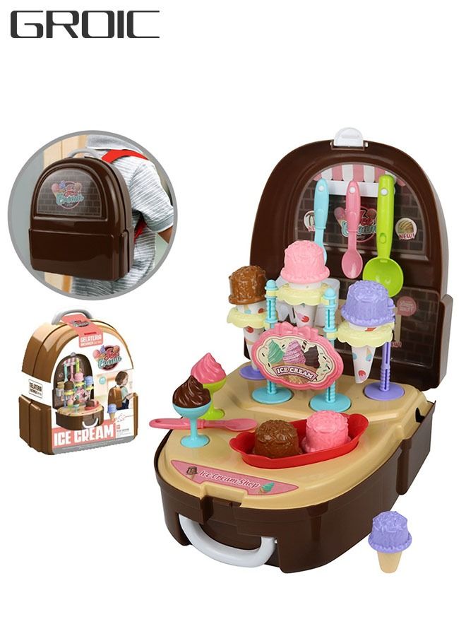 Ice Cream Playset for Kids, 34Pcs Pretend Pretend Dessert Playset with Suitcase，Kitchen Toy Set