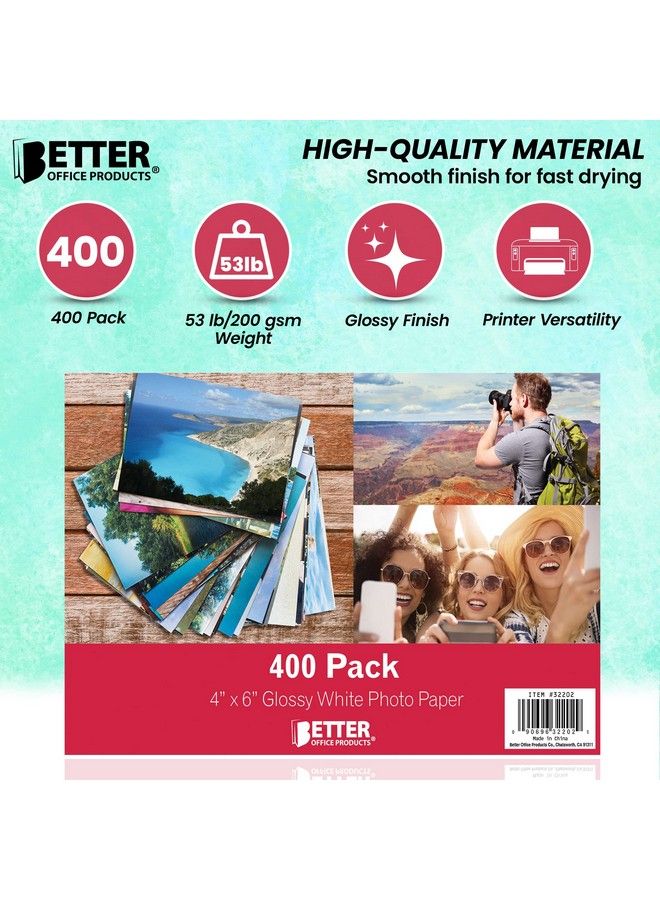 Premium Glossy Photo Paper 4 X 6 Inch 400 Sheets 200 Gsm Better Office Products 4 X 6 400Count Pack
