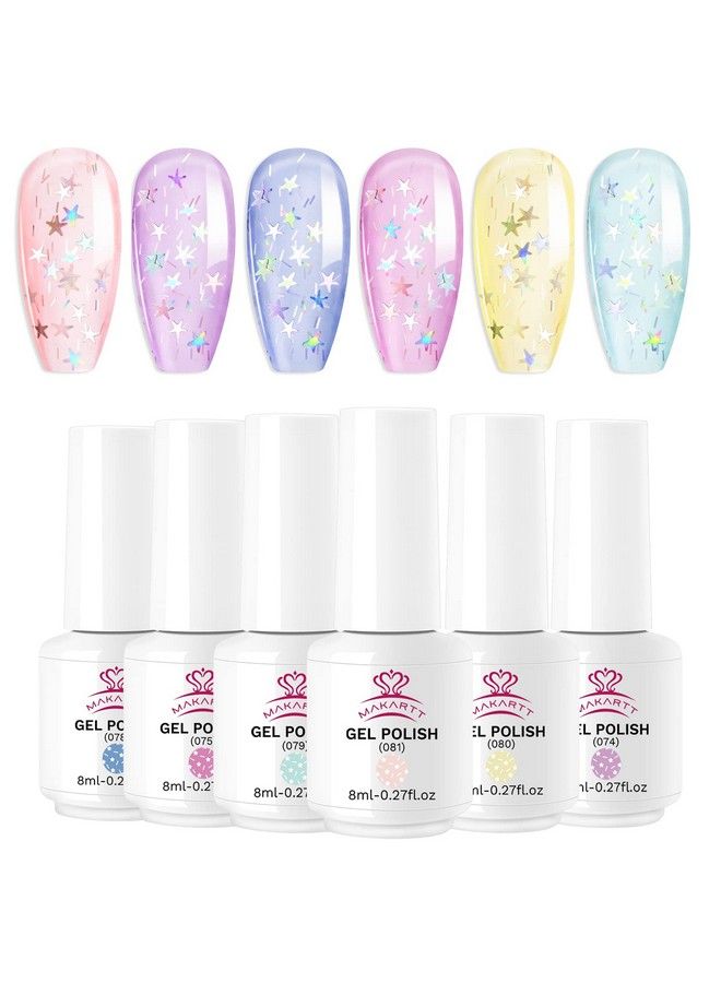 Jelly Gel Nail Polish Set Clear Glitter Pink Blue Gel Nail Polish Kit With Irridescent Stars Crystal Transparent Gel Nail Polish 6 Bottles 8Ml Soak Off Gel Manicuring Kit For Girl Women