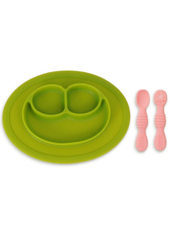 Divided Silicone Plates For Baby With 2 First Stage Training Spoons For Toddlers ; Baby Tableware Feeding Set For Kids ; Baby Plates & Spoon Set For Toddlers Kids Boy Girl (Oval Green)