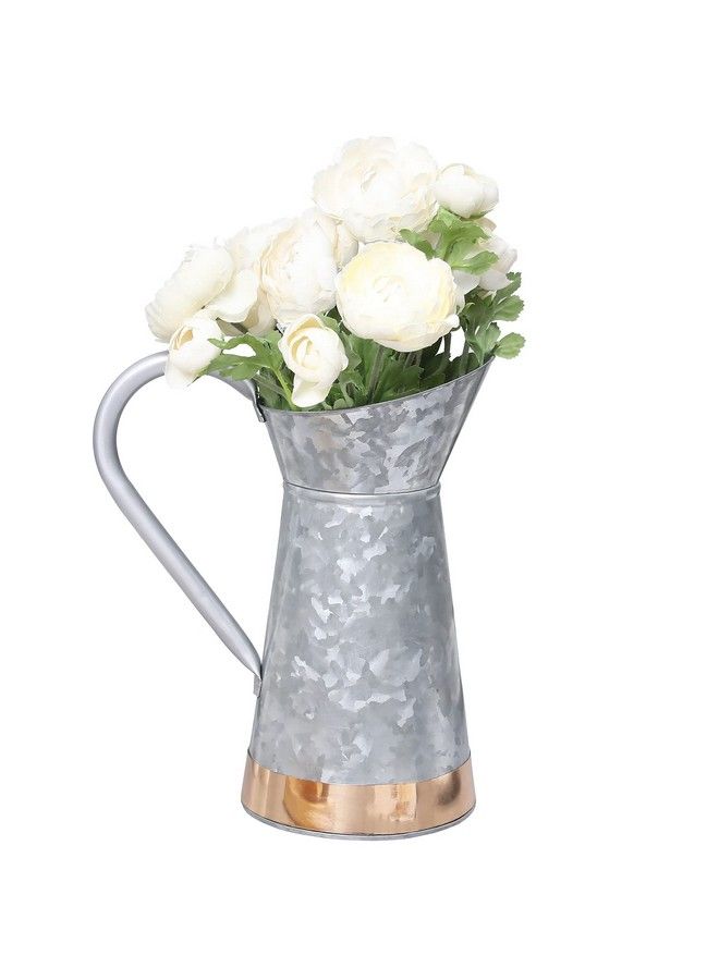 Vintage Galvanized Silver Metal Decorative Pitcher Vase Rustic Farmhouse Decor Flower Vase With Copper Accent And Pouring Handle Handcrafted In India