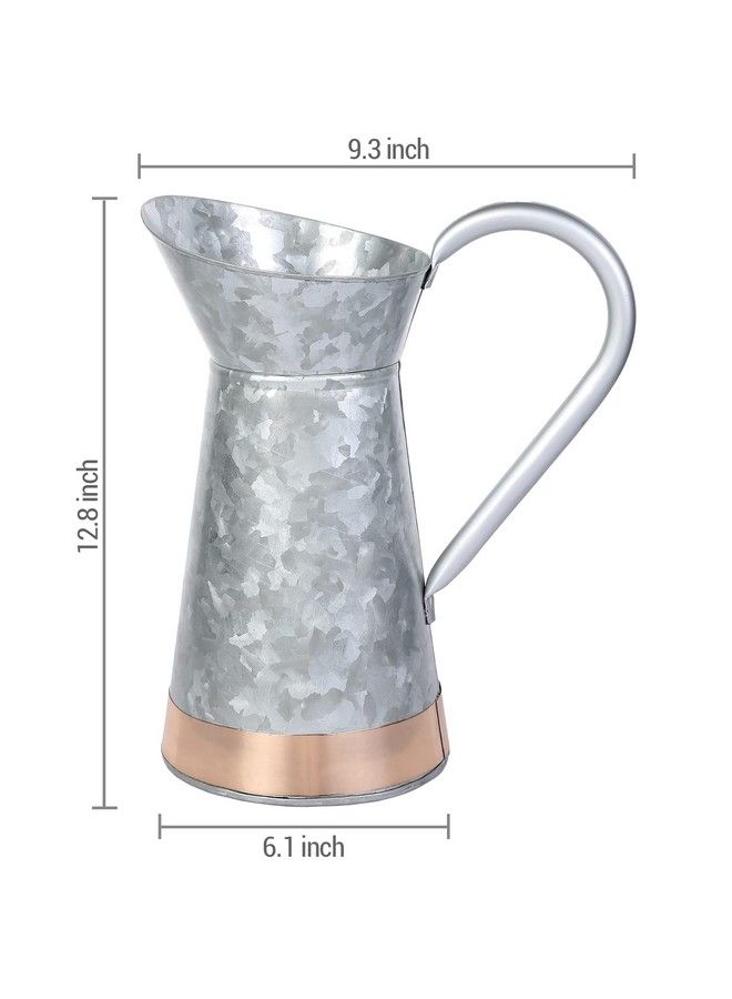 Vintage Galvanized Silver Metal Decorative Pitcher Vase Rustic Farmhouse Decor Flower Vase With Copper Accent And Pouring Handle Handcrafted In India