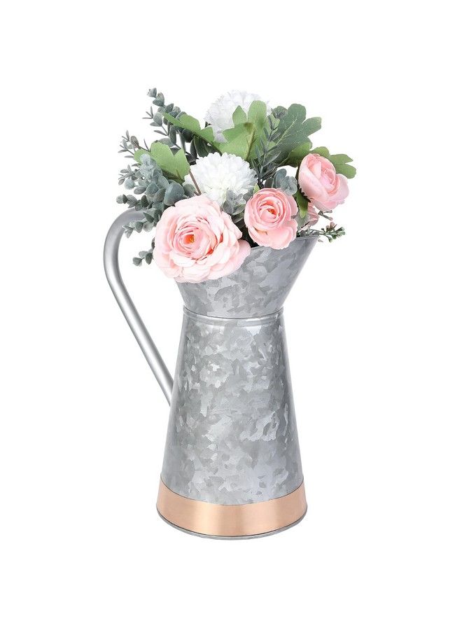 Vintage Galvanized Silver Metal Decorative Pitcher Vase Rustic Farmhouse Decor Flower Vase With Copper Accent And Pouring Handle Handcrafted In India