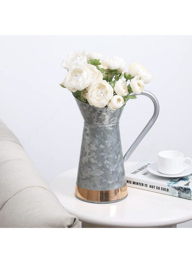 Vintage Galvanized Silver Metal Decorative Pitcher Vase Rustic Farmhouse Decor Flower Vase With Copper Accent And Pouring Handle Handcrafted In India