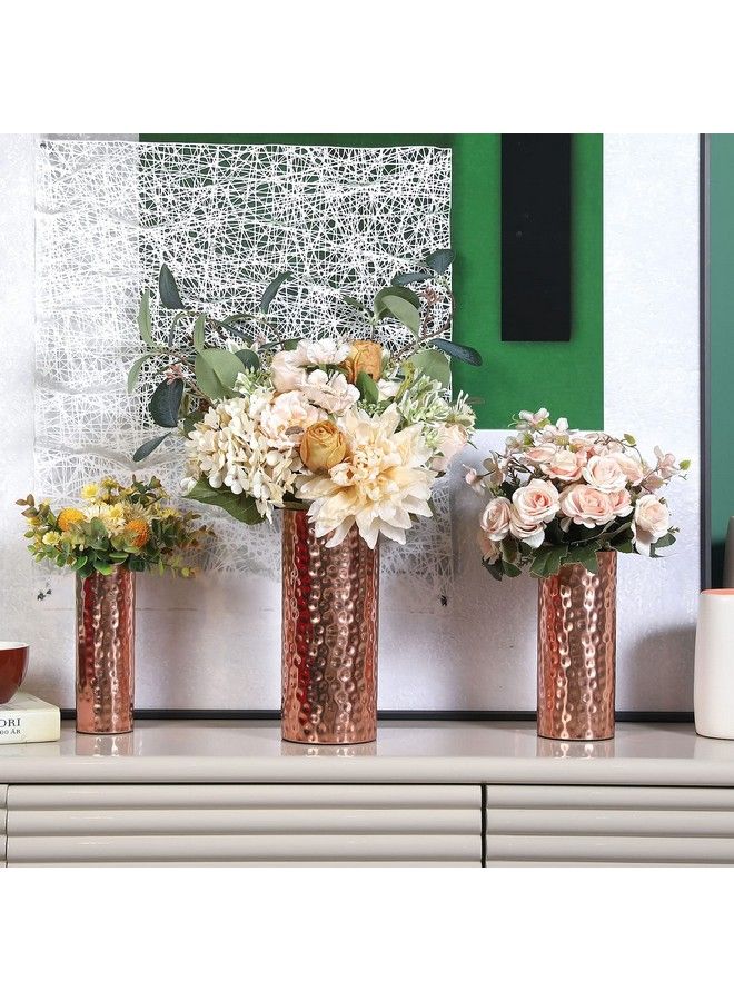 Modern Hammered Copper Tone Metal Tall Cylinder Flower Vases Decorative Centerpiece Set Of 3 (Large Medium Small Sizes)