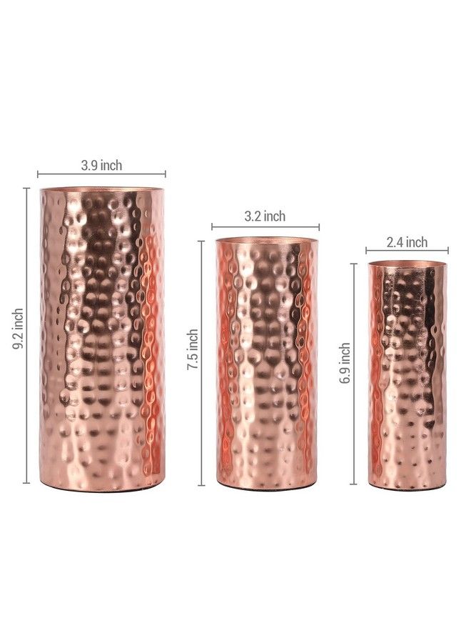 Modern Hammered Copper Tone Metal Tall Cylinder Flower Vases Decorative Centerpiece Set Of 3 (Large Medium Small Sizes)