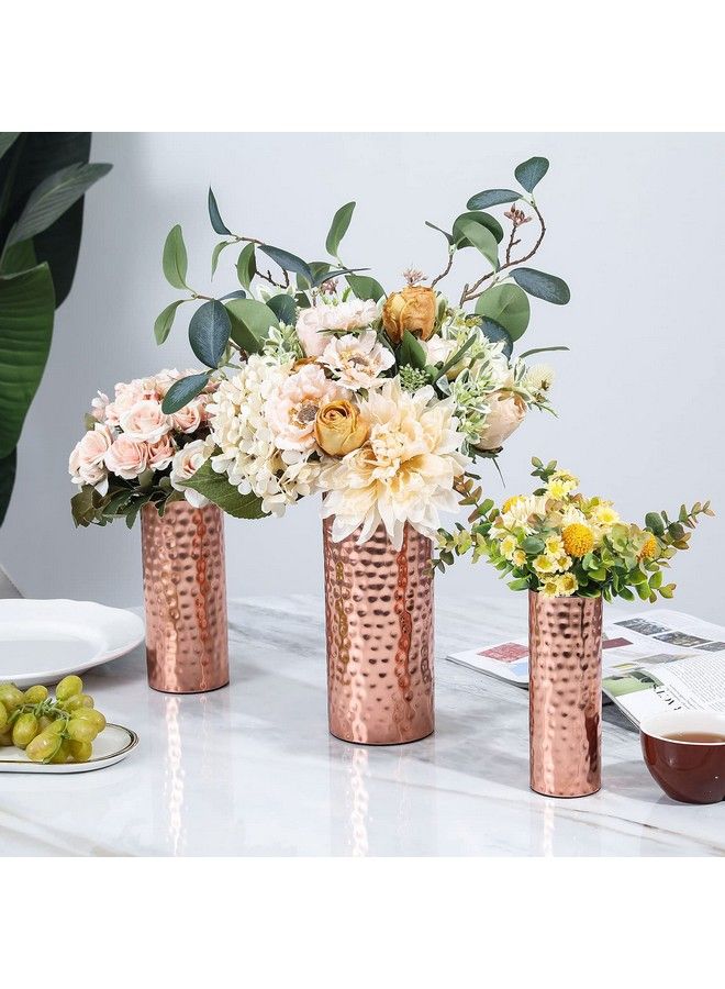 Modern Hammered Copper Tone Metal Tall Cylinder Flower Vases Decorative Centerpiece Set Of 3 (Large Medium Small Sizes)