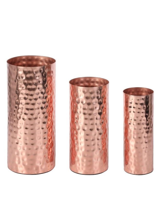 Modern Hammered Copper Tone Metal Tall Cylinder Flower Vases Decorative Centerpiece Set Of 3 (Large Medium Small Sizes)