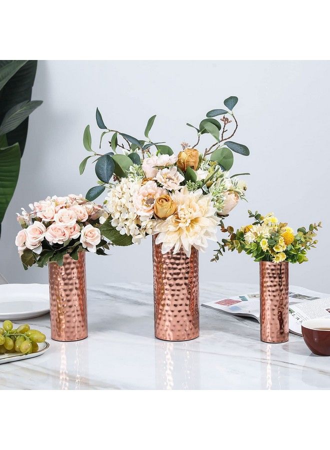 Modern Hammered Copper Tone Metal Tall Cylinder Flower Vases Decorative Centerpiece Set Of 3 (Large Medium Small Sizes)