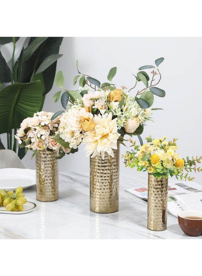Tall Modern Brass Tone Hammered Metal Cylinder Flower Vases Decorative Centerpiece Vases Set Of 3 (Large Medium Small Sizes)