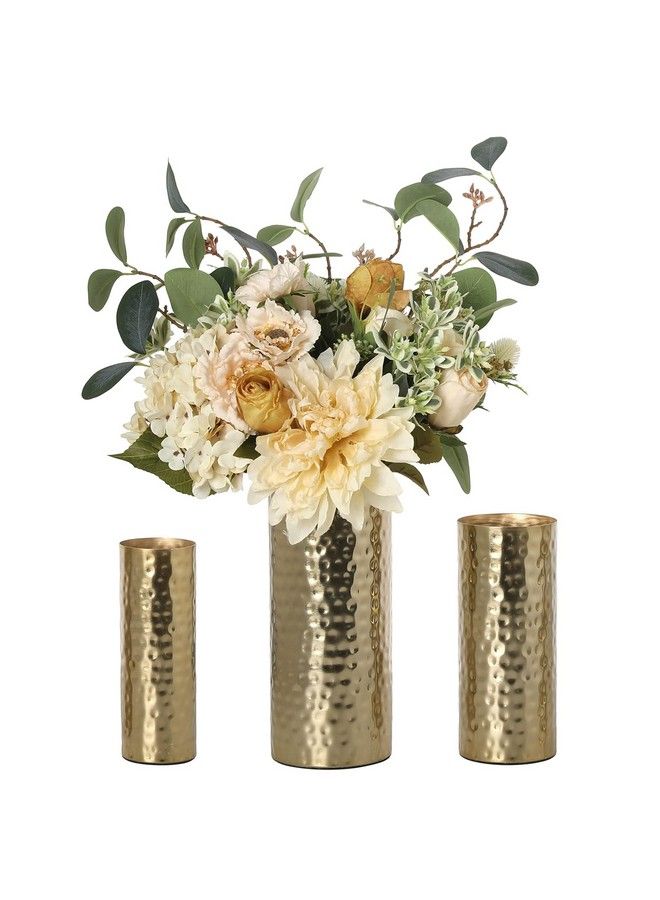 Tall Modern Brass Tone Hammered Metal Cylinder Flower Vases Decorative Centerpiece Vases Set Of 3 (Large Medium Small Sizes)