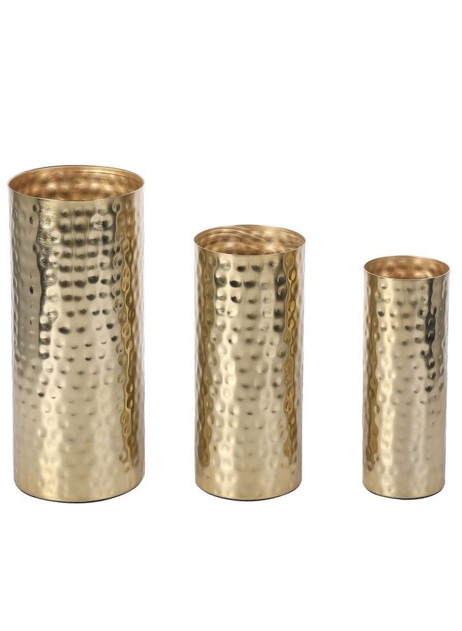 Tall Modern Brass Tone Hammered Metal Cylinder Flower Vases Decorative Centerpiece Vases Set Of 3 (Large Medium Small Sizes)