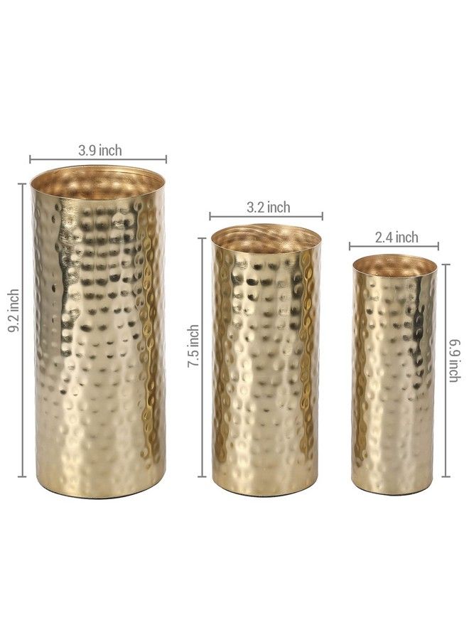 Tall Modern Brass Tone Hammered Metal Cylinder Flower Vases Decorative Centerpiece Vases Set Of 3 (Large Medium Small Sizes)