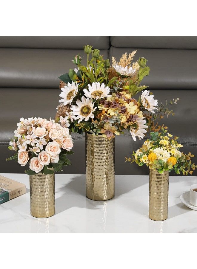 Tall Modern Brass Tone Hammered Metal Cylinder Flower Vases Decorative Centerpiece Vases Set Of 3 (Large Medium Small Sizes)