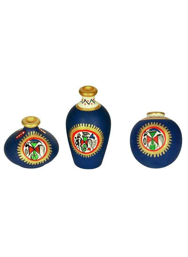 Warli Hand Painted Terracotta Pots Vases For Living Room & Home Decorative Miniature Showpiece Artifact Set (7.6 Cm X 7.6 Cm X 9.1 Cm Blue Set Of 3 Mini Pots)